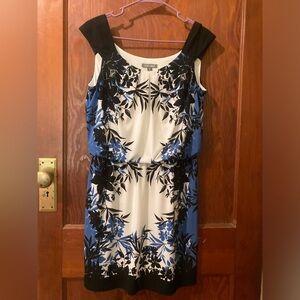 Blue, black, and white floral drop-waist dress.